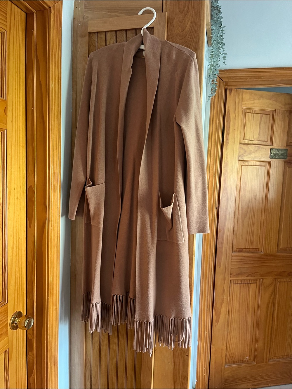 S/M Fringe Hem Open Front Long Cardigan - Camel NWT